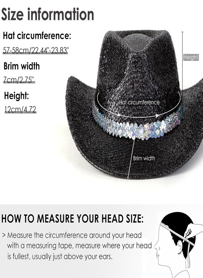 Gossifan Western Hats for Women Men Sparkly Cowgirl Hat Wide Brim Felt Cowboy Hats Disco Party Music Hat-Black - Image 4